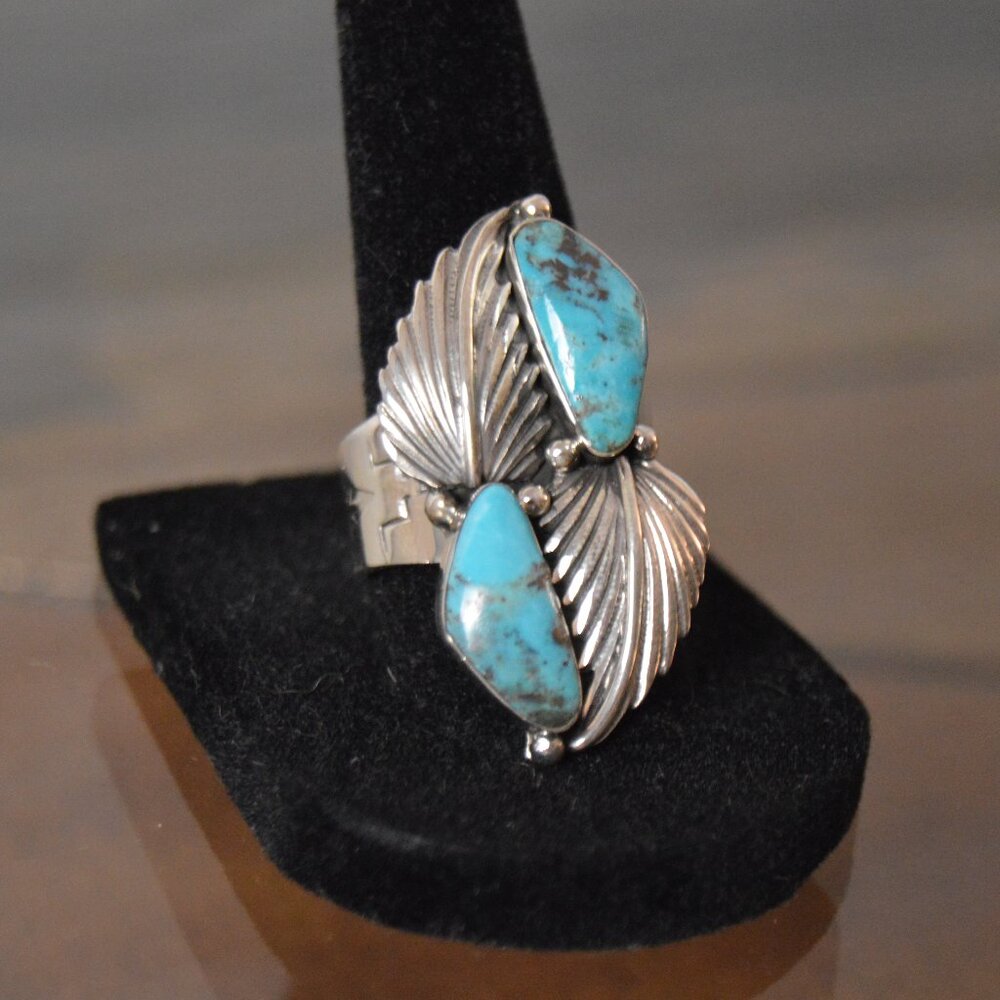 Handmade Navajo Sterling Silver and Turquoise Ring by Gregg Yazzie, Size 8.75